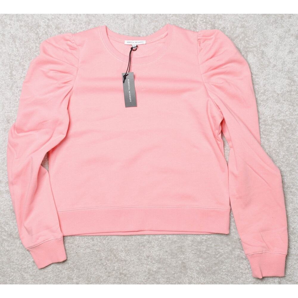 Rebecca Minkoff Janine Rose Pink Puff Sleeve Sweatshirt Womens Size L NWT